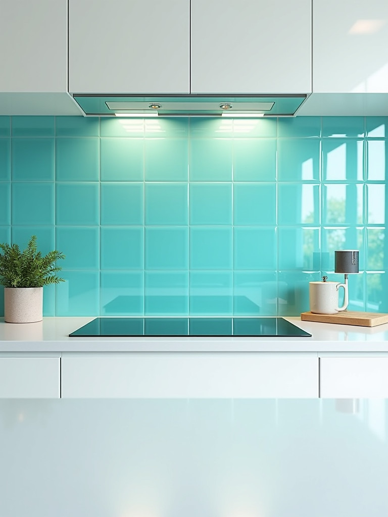 A bright kitchen featuring a turquoise glass tile backsplash and white countertops