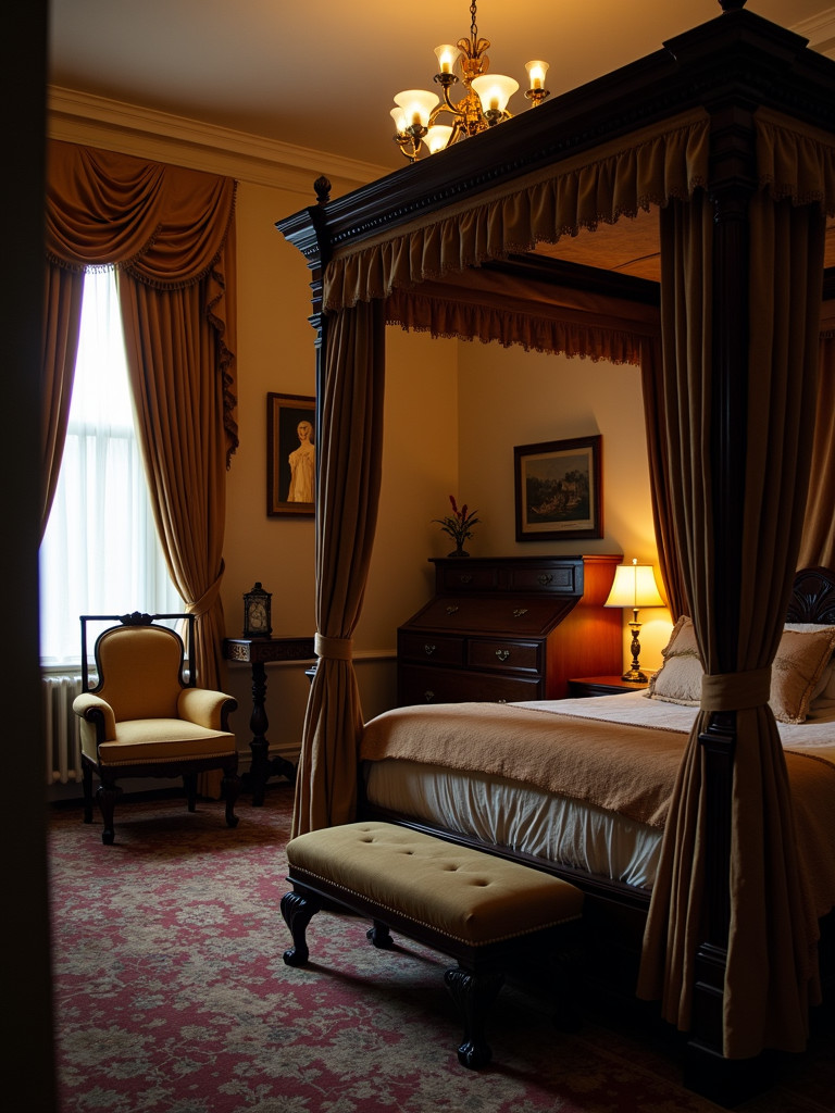 A full Victorian bedroom with a four-poster bed, heavy drapes, and ornate furniture.