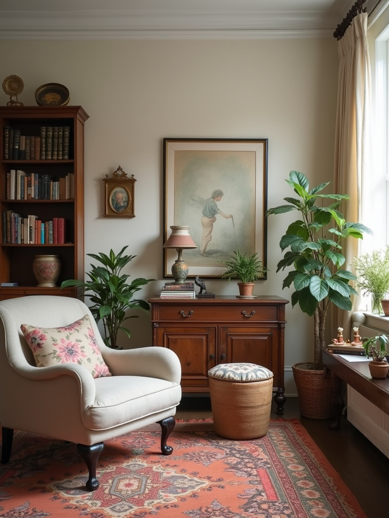 Living room with vintage items, classic composition, soft lighting and medium focal length.