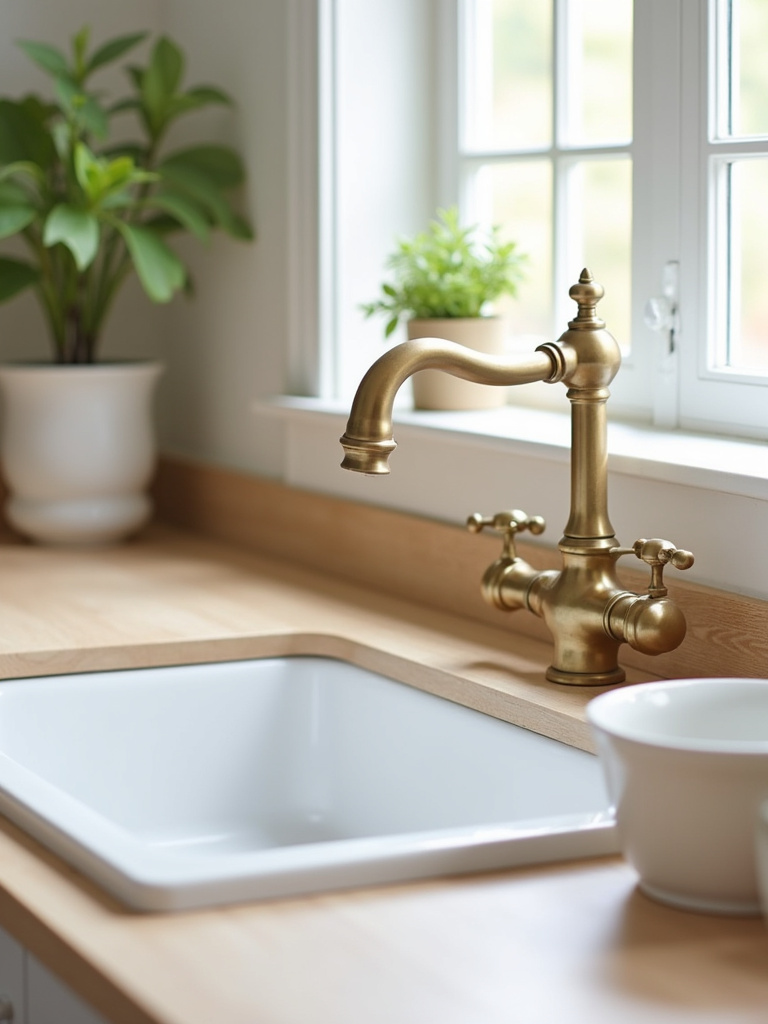 A vintage-inspired brass bridge faucet in a small cottage kitchen with light wood and a white ceramic sink, lit by soft natural light.