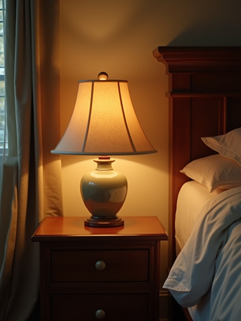 A cozy bedroom with a vintage-inspired lamp casting a warm glow from the bedside table.