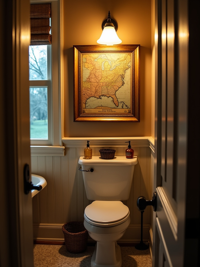 A framed vintage-inspired map displayed over the toilet in a vintage bathroom.