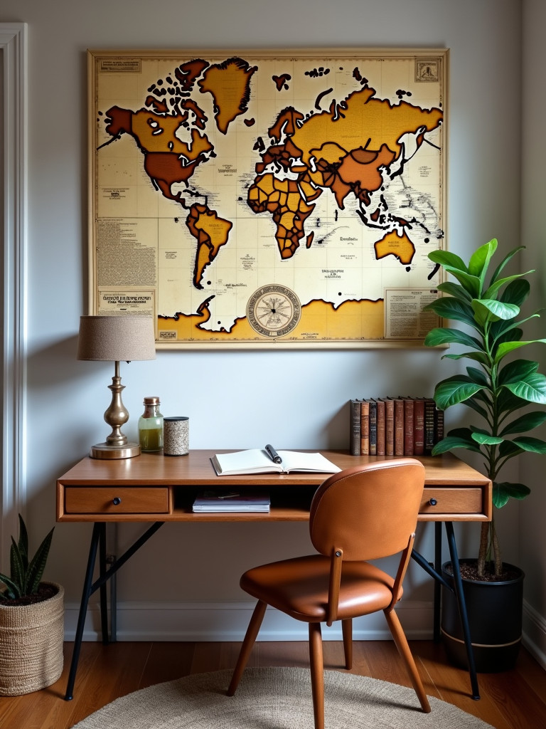 An eclectic bedroom featuring a vintage world map above a writing desk