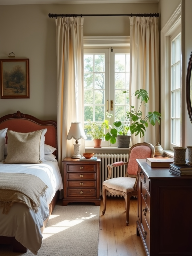 A combination of antique and vintage accents brings character and charm to a well-lit bedroom.