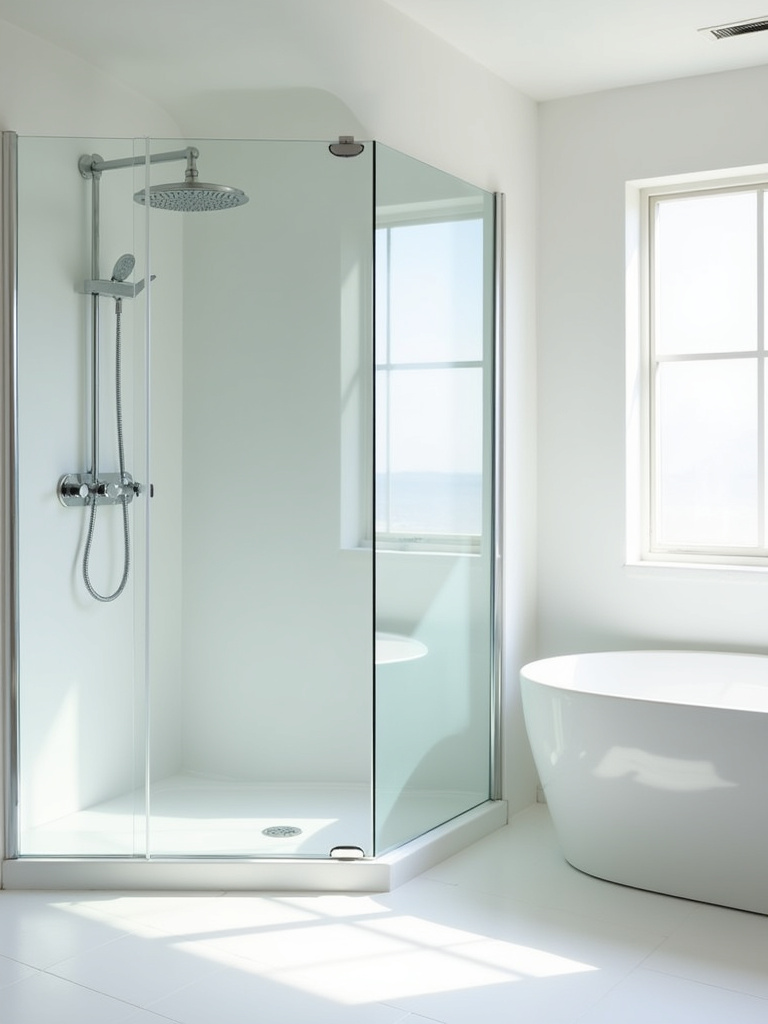 A modern bathroom with a walk-in shower and frameless glass enclosure.