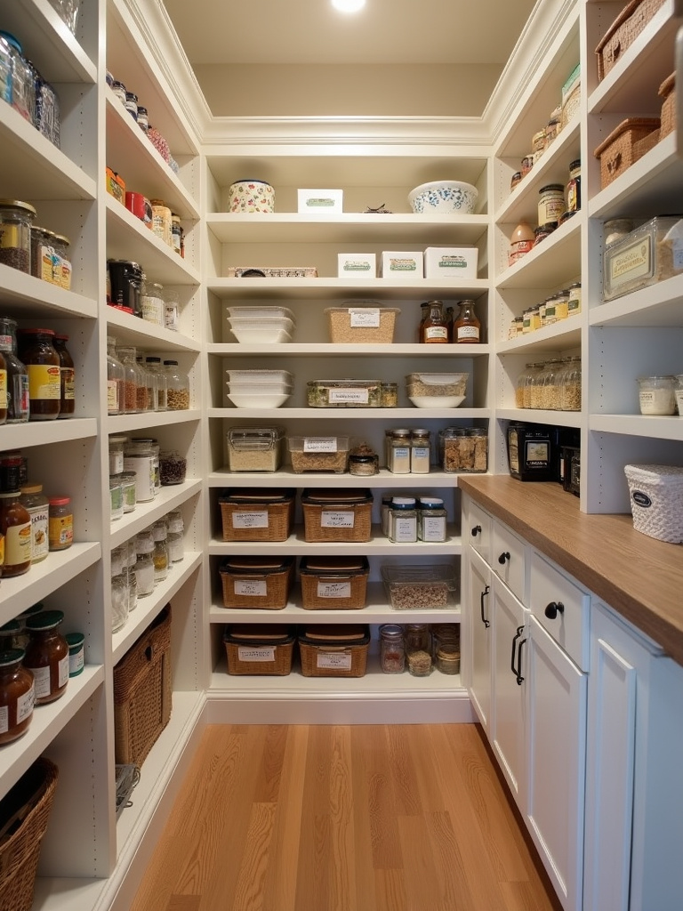 A well organized walk-in pantry with extensive storage solutions.