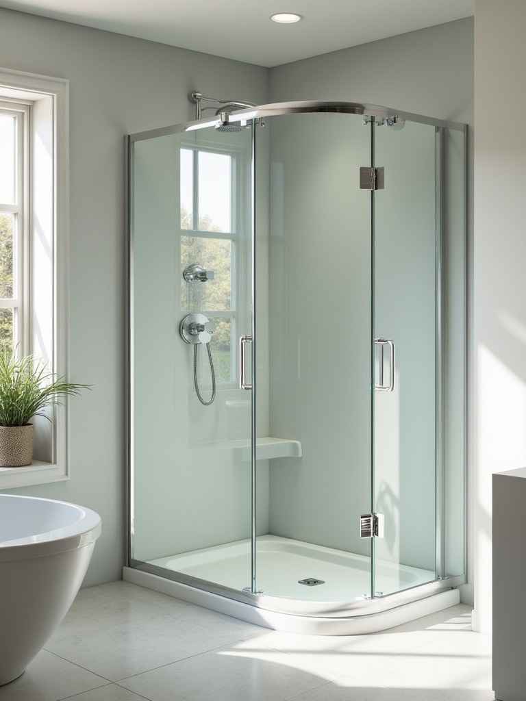 A spacious walk-in shower with a glass enclosure and clean, modern fixtures.