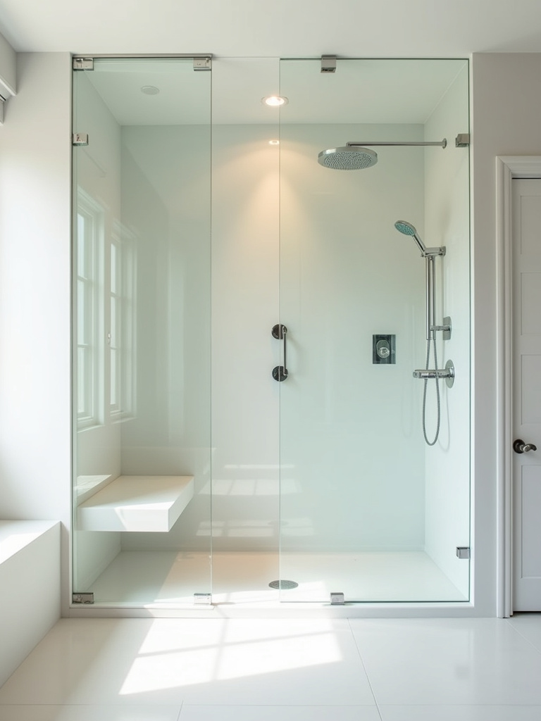 A modern walk-in shower with frameless glass enclosure, rainfall showerhead, and built-in bench in a spacious bathroom.