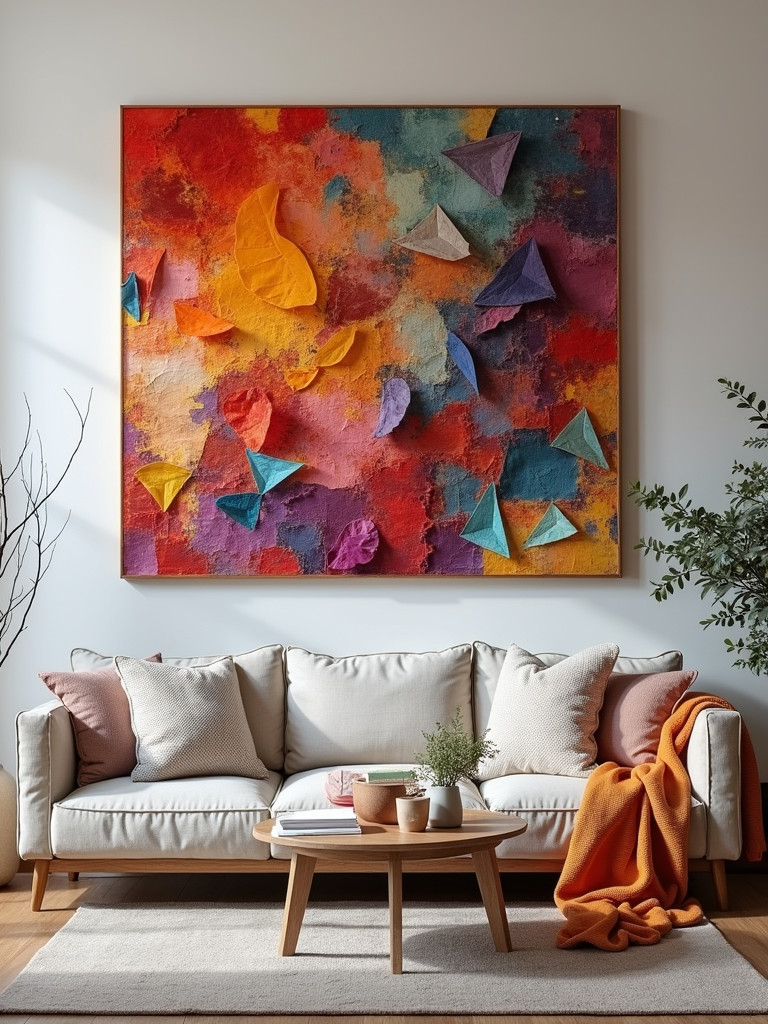 Living room with wall art made from colorful scrap fabric