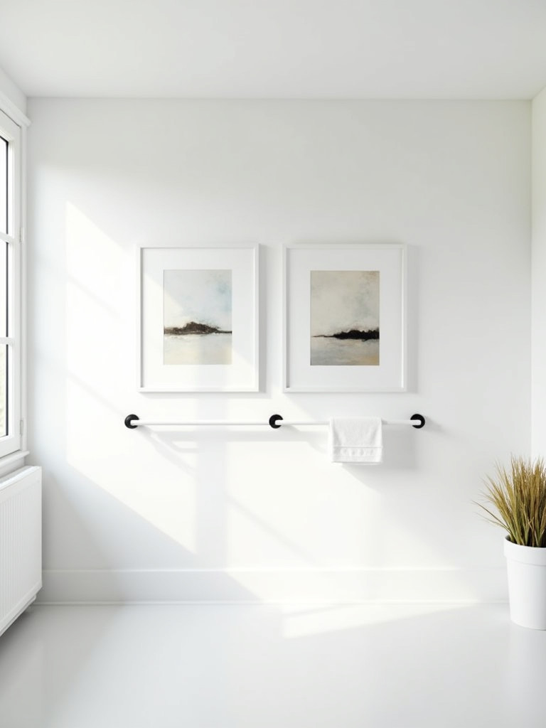 A modern bathroom with abstract art prints on the wall