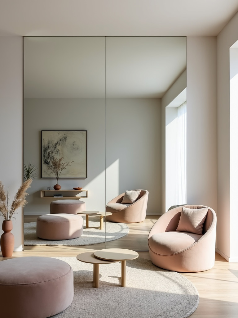 A large wall mirror expanding a space with its reflection in a minimalistic setting