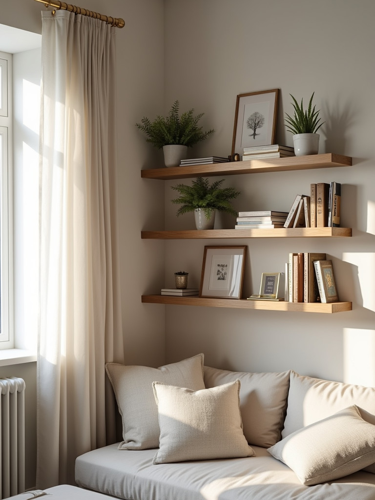 A cozy bedroom corner featuring wall mounted bookshelves filled with books and decor.