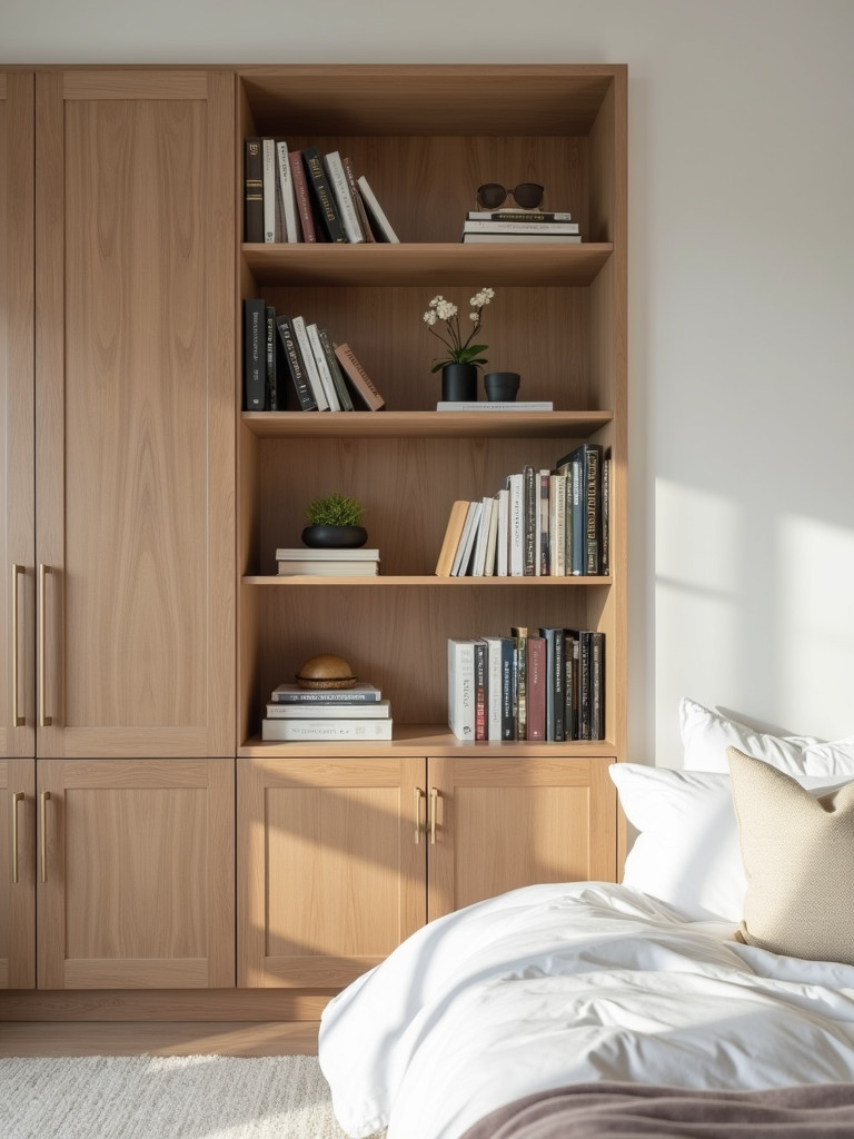 Light wood wall-mounted bookshelves filled with books and decor in a bedroom corner