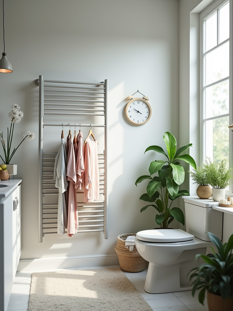 A wall-mounted drying rack utilized in a well-lit laundry bathroom with a natural and airy feel
