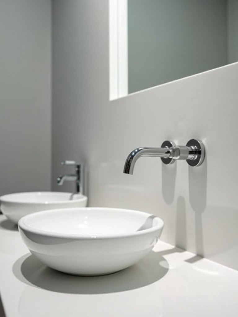 A modern small bathroom showcasing a wall-mounted faucet above a vessel sink, with light gray walls and soft lighting.