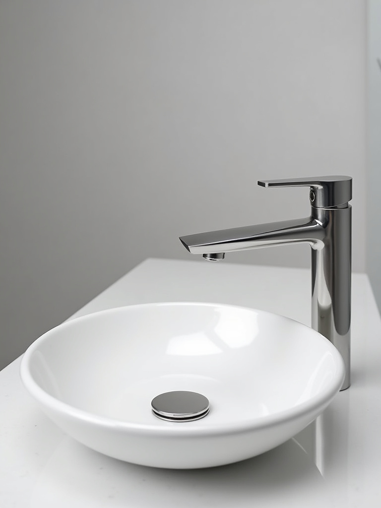 Modern bathroom showing sleek wall-mounted chrome faucet