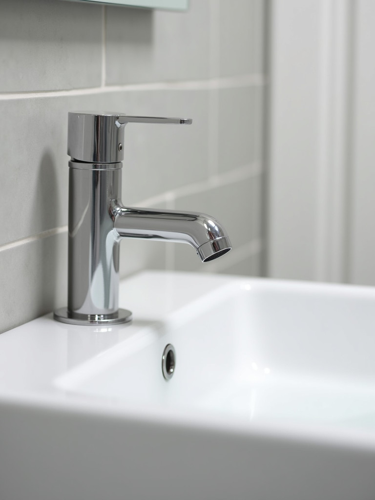 A wall-mounted chrome faucet in a modern small bathroom