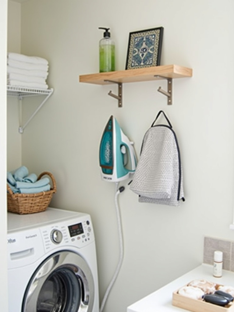 A wall-mounted iron holder in a clean laundry bathroom, offering a convenient and secure storage solution.