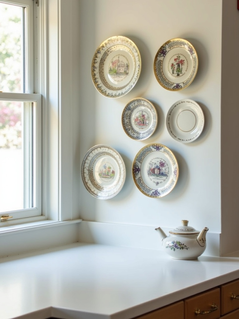  A wall-mounted plate rack in a kitchen displaying a collection of decorative plates.