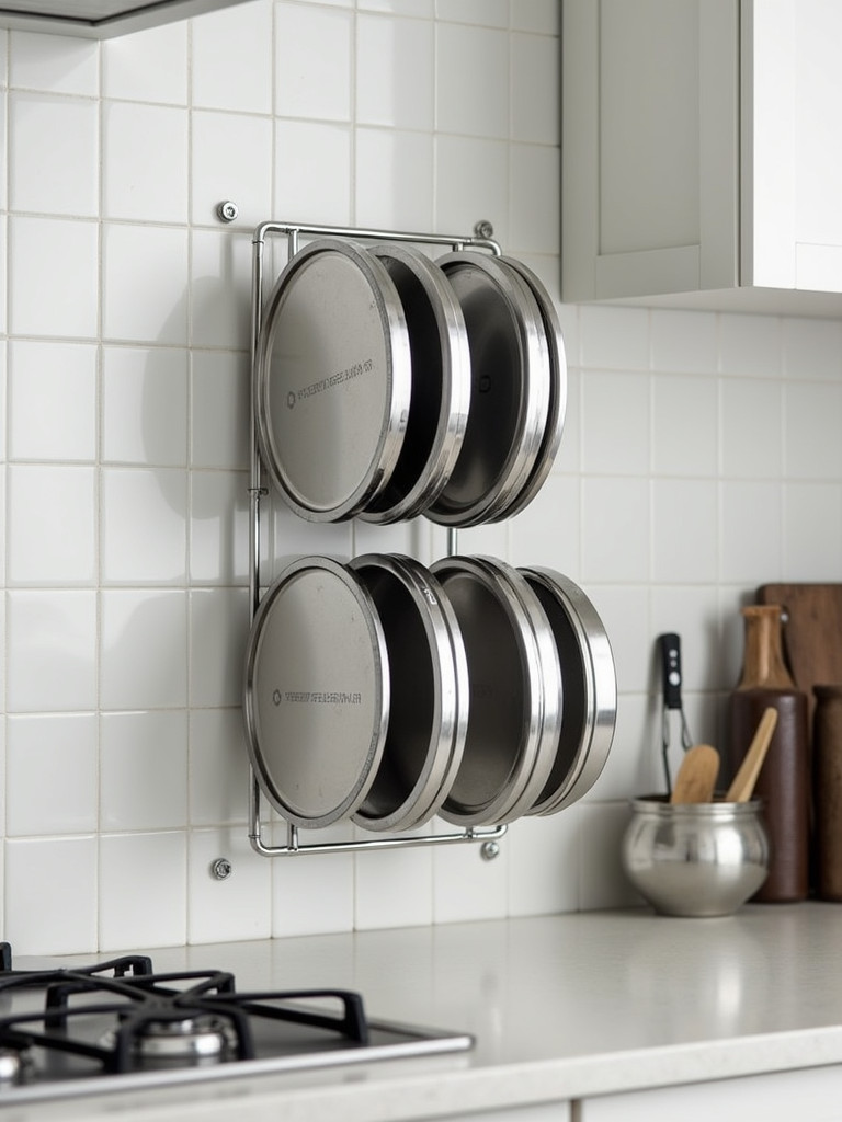 A wall-mounted metal rack organizing pot lids of various sizes on a kitchen wall