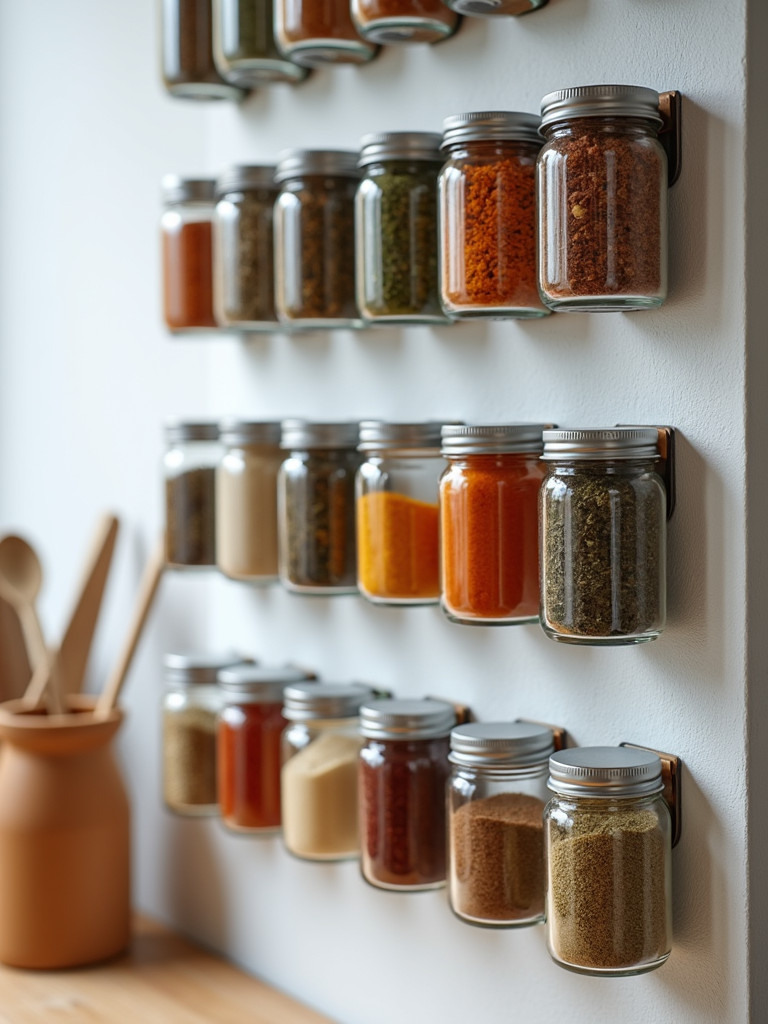 Wall-mounted spice jars, filled with colorful spices, displayed in a modern kitchen