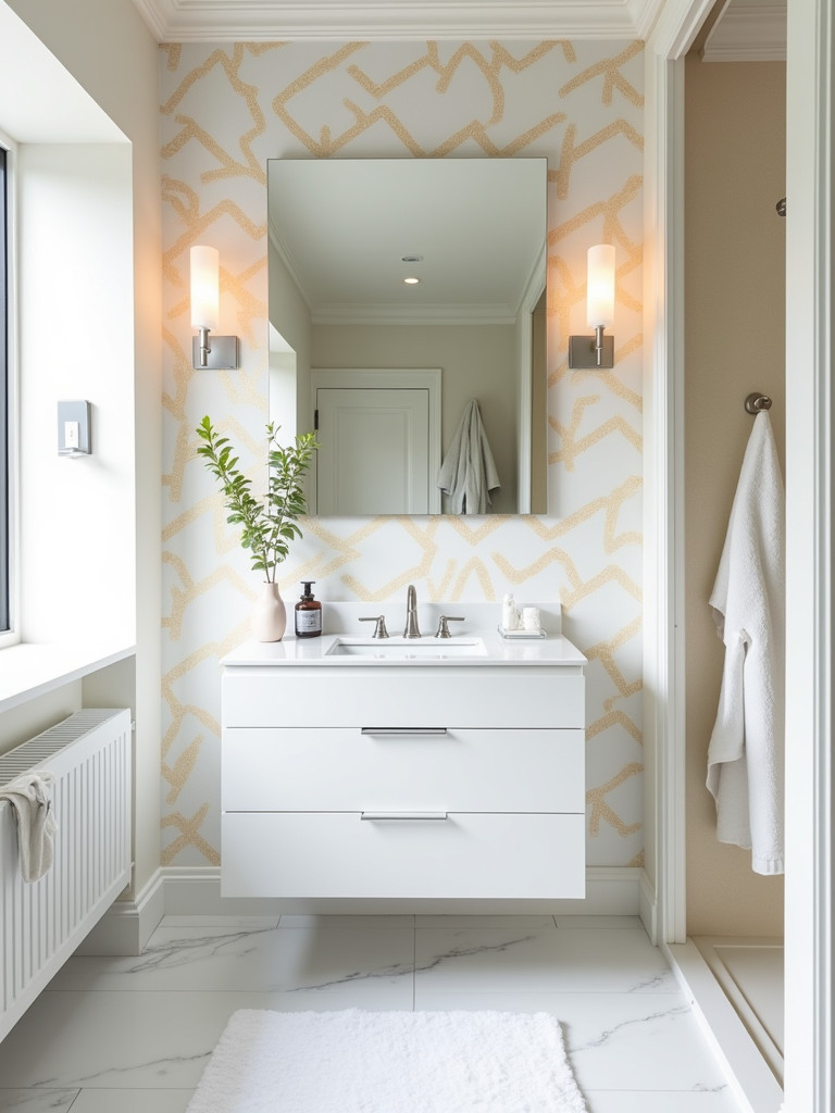A stylish bathroom with a wallpaper accent wall
