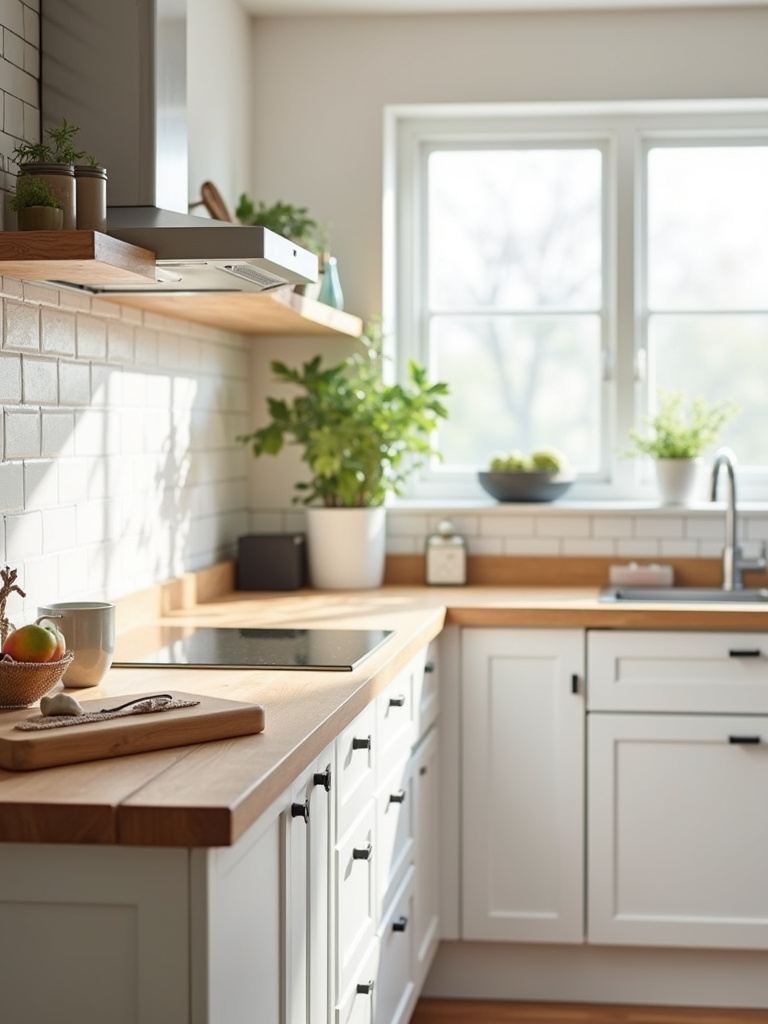 A rustic-modern kitchen showcasing white cabinets and warm butcher block countertops.