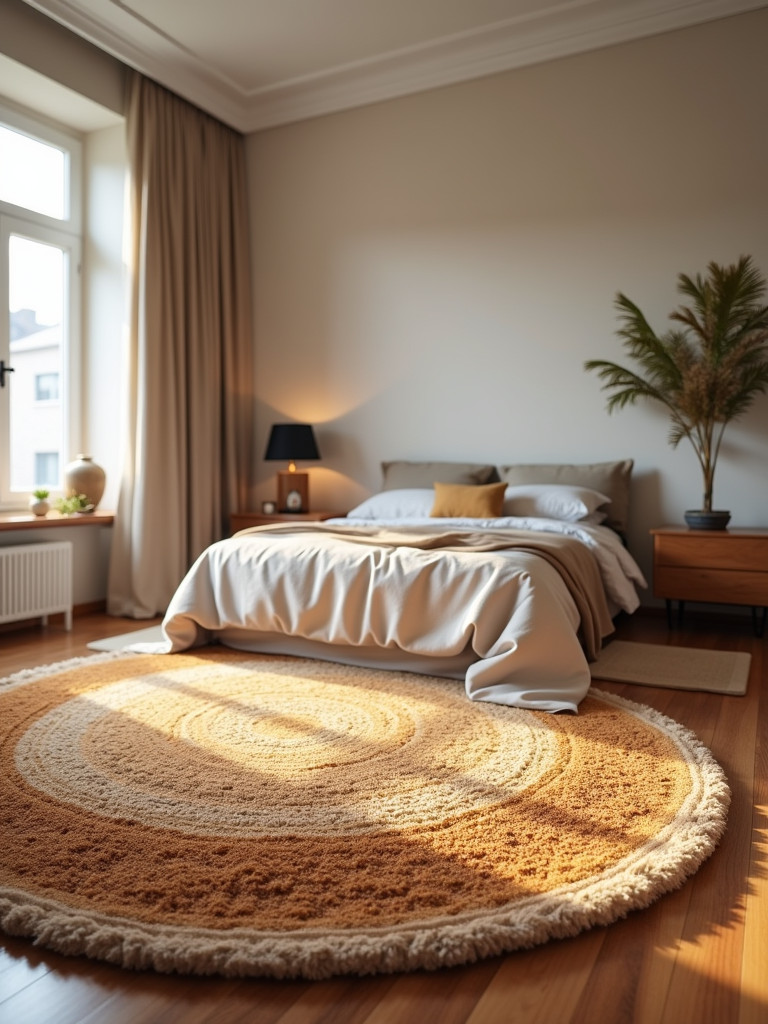 A cozy bedroom featuring a large, warm toned area rug that complements the room’s decor.
