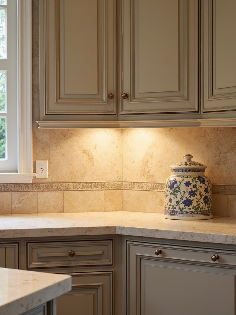 A traditional kitchen with a warm-toned travertine backsplash, creating an inviting atmosphere with soft lighting