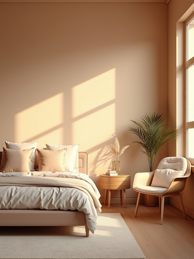 A bedroom with warm-toned walls provides a calm and soothing backdrop to a cozy room.