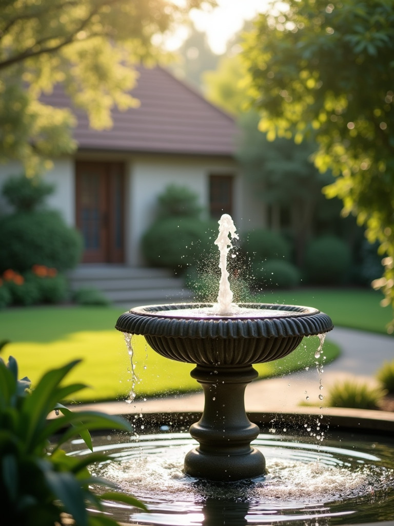 A classic water fountain in a backyard garden