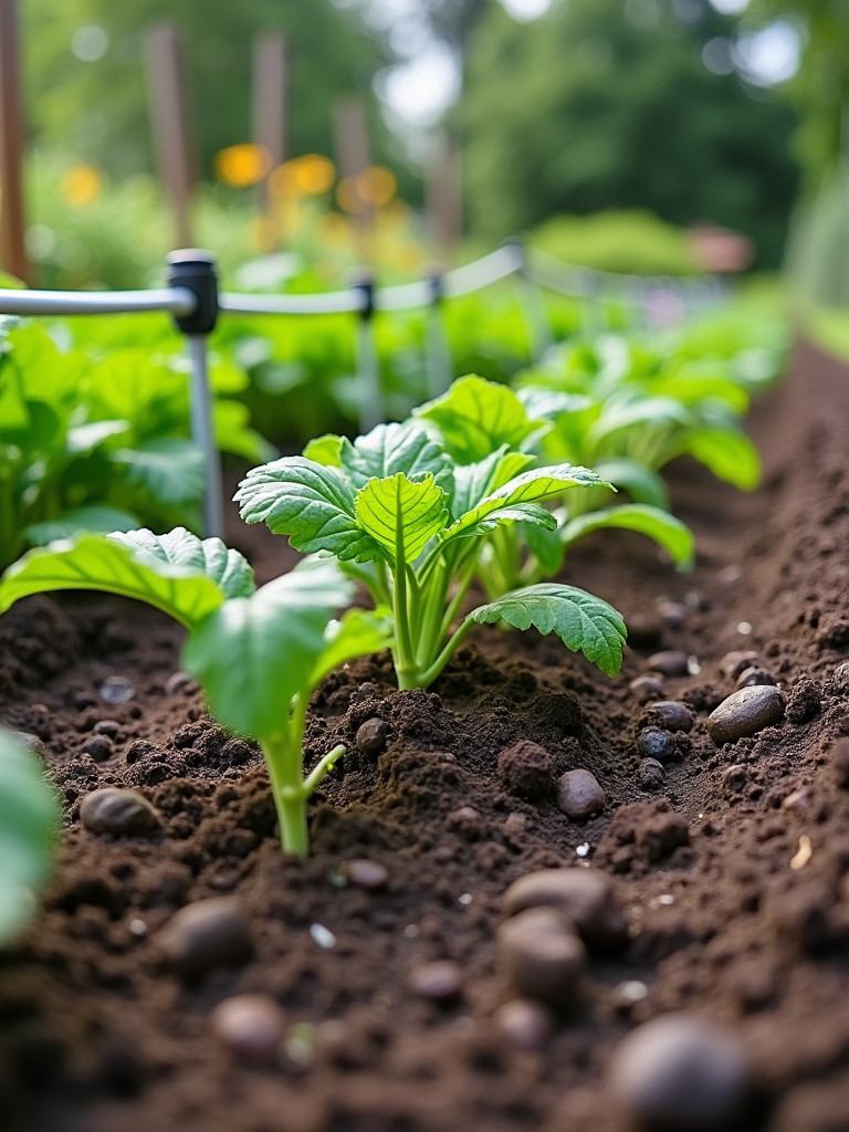 A low wide shot photo of a water-wise garden featuring drip irrigation and a layer of mulch to conserve water and improve plant health.