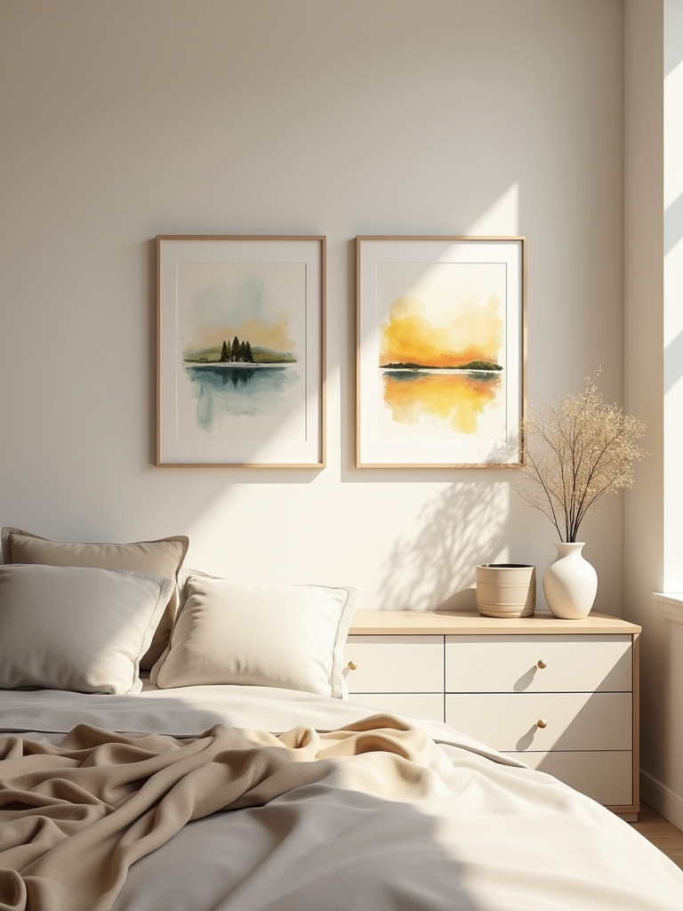 A soft, inviting bedroom featuring two framed watercolor paintings above a dresser