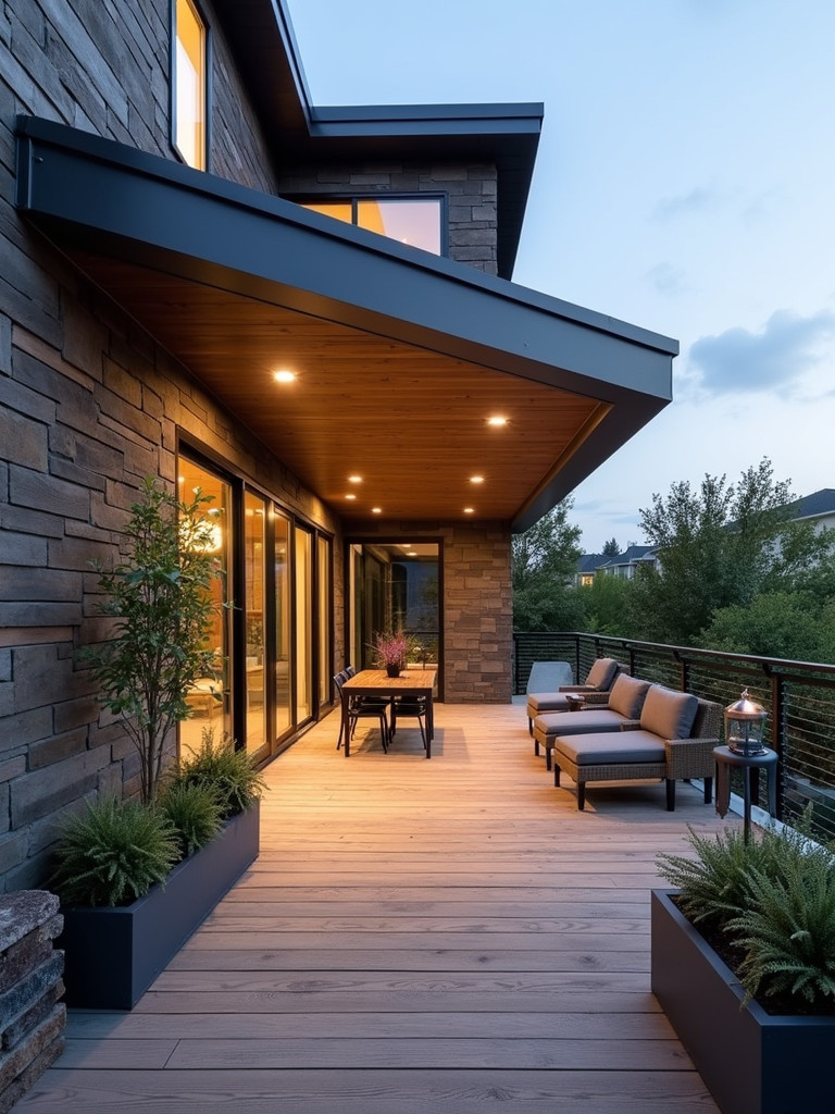 A deck with a modern overhang, with comfortable seating options and plants, providing shade from the sun.