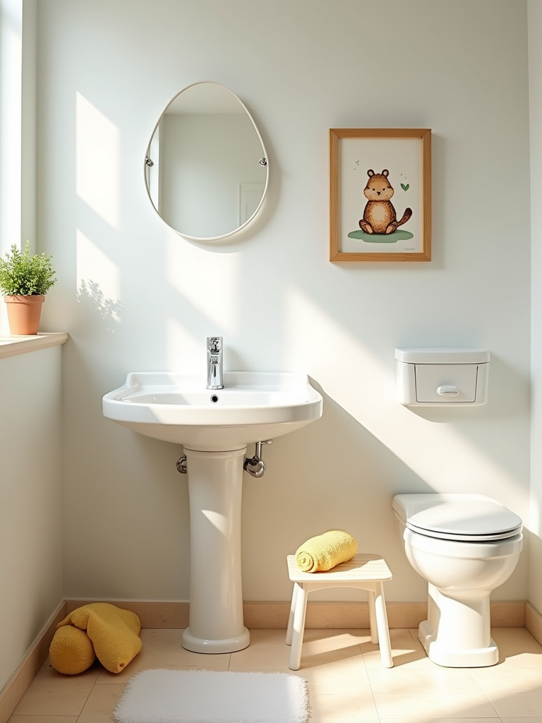 A framed whimsical animal illustration in a children’s bathroom.