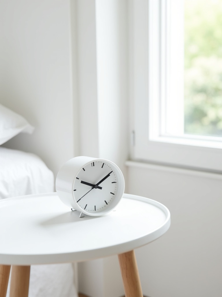A white minimalist bedside clock sits on a clean white bedside table in a bright room