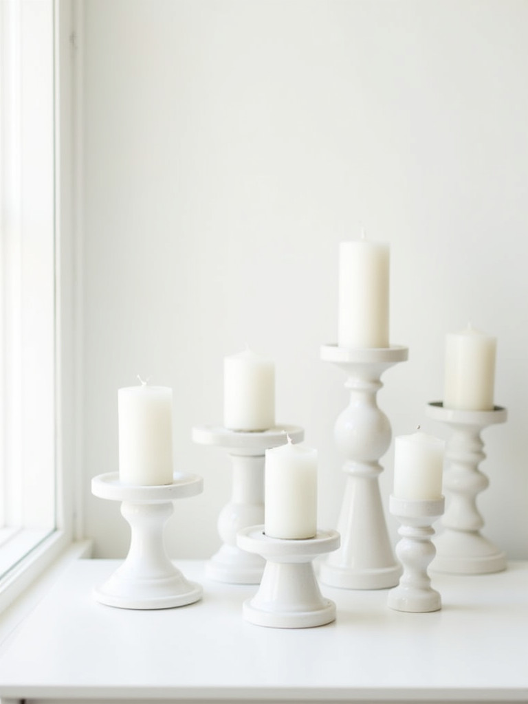 White candle holders create a warm and inviting ambiance on a white wooden surface