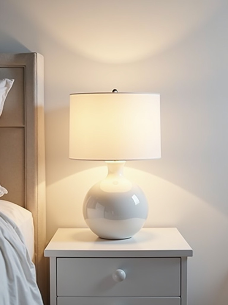 A white ceramic table lamp casts a warm glow on a bedside table in a serene white bedroom