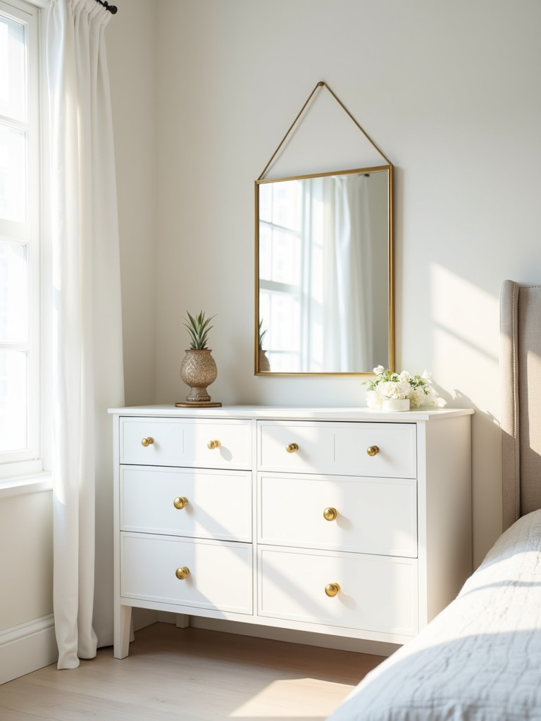 A white dresser with gold accents adds a touch of sophistication to a bright white bedroom