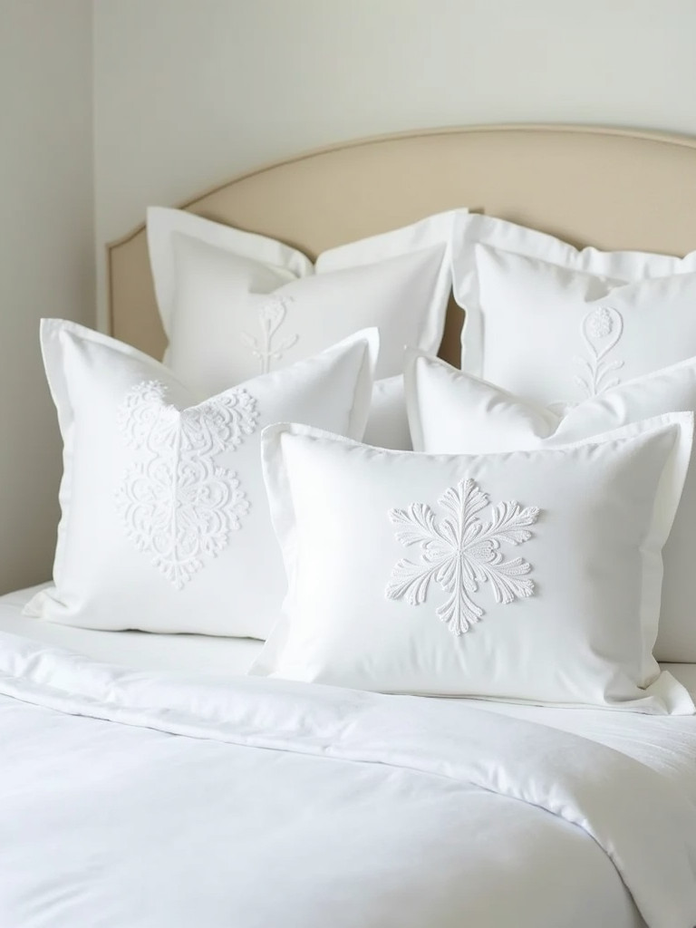 White embroidered pillows add a touch of elegance and texture to a bed in a well-lit room