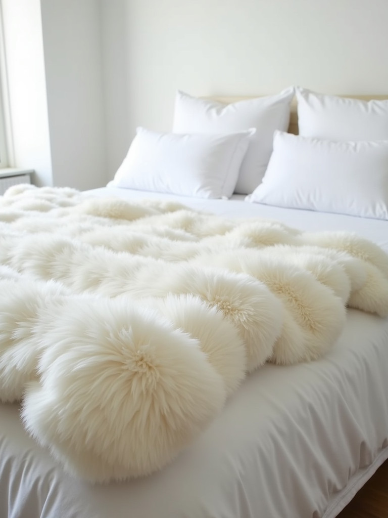 A white faux fur throw blanket adds a touch of luxury and warmth to a cozy white bedroom