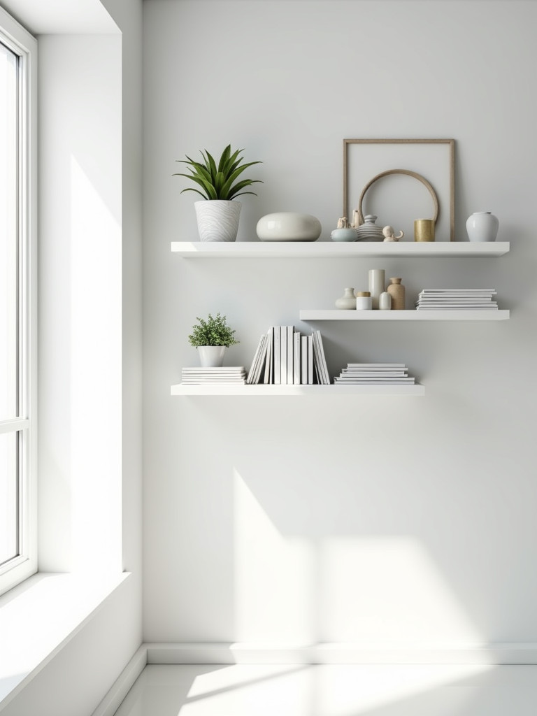 White floating shelves display decorative items in a modern, airy white bedroom