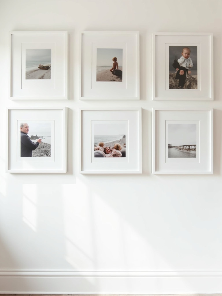 A white gallery wall filled with artwork and photos in various sizes and frames in a bright room