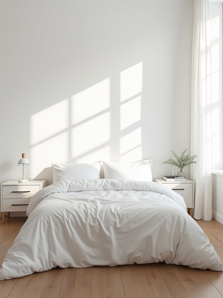 A minimalist white bedroom with a neatly made bed dressed in a white linen bedding set bathed in soft natural light