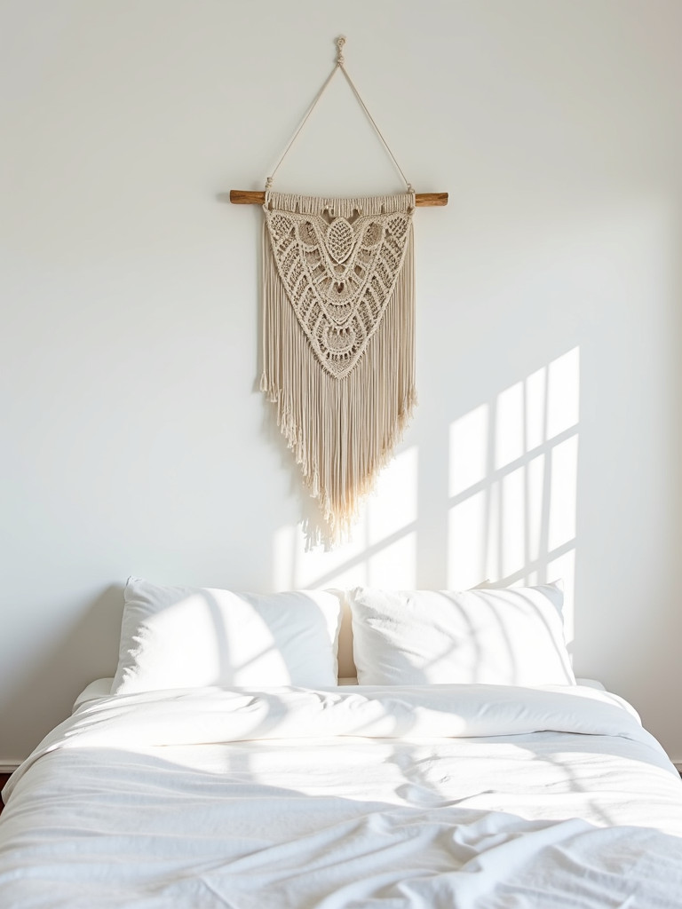 A white macrame wall hanging adds a touch of bohemian flair to a minimalist white bedroom