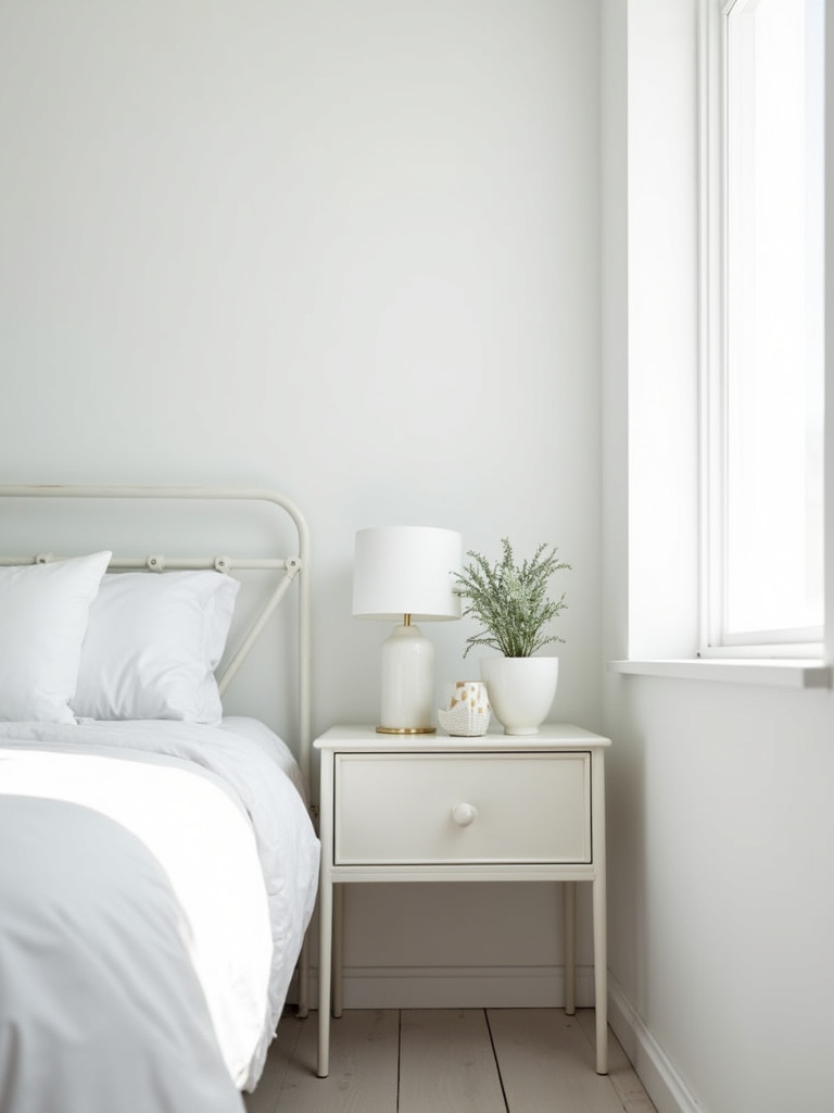 A white metal bedside table adds a modern touch to a minimalist white bedroom