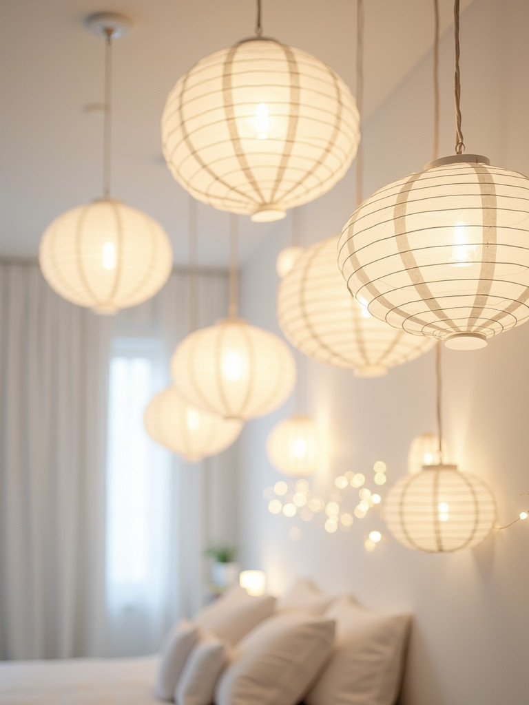 White paper lanterns provide a whimsical and soft lighting to a serene white bedroom