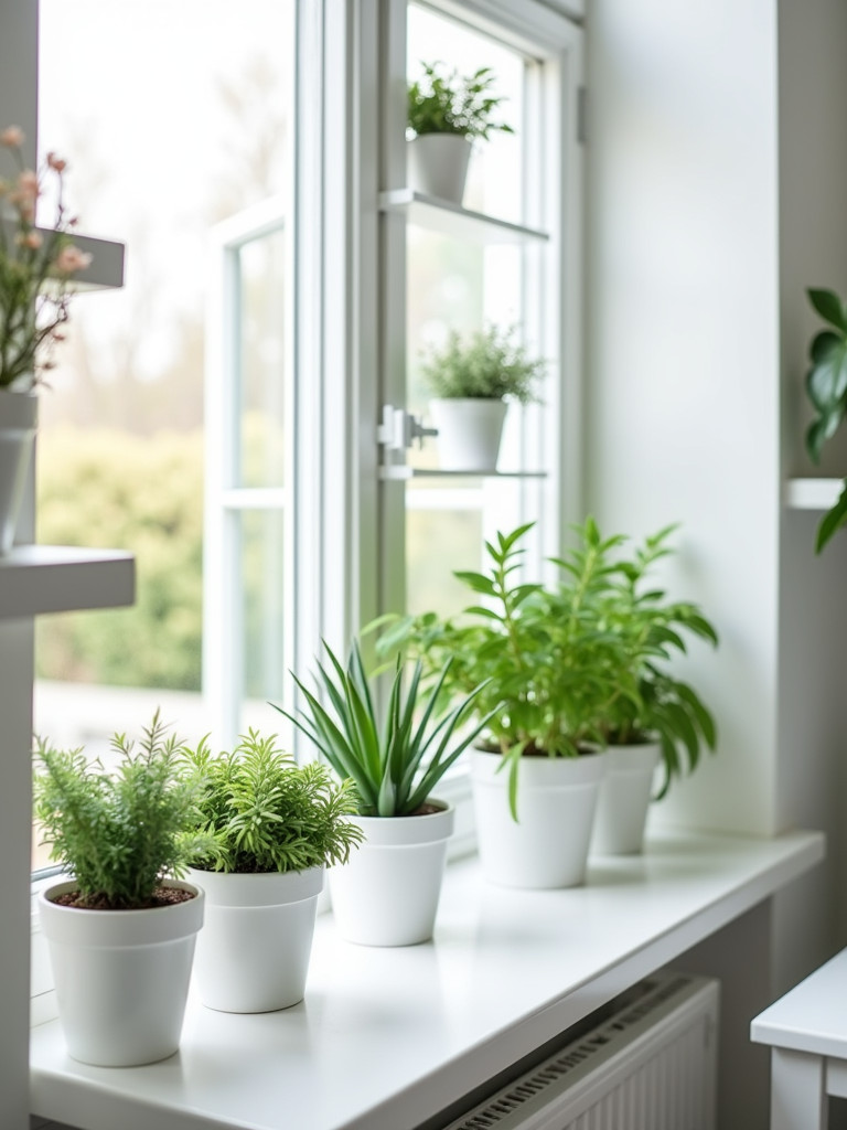White planters filled with greenery bring a sense of nature and calmness to a white bedroom