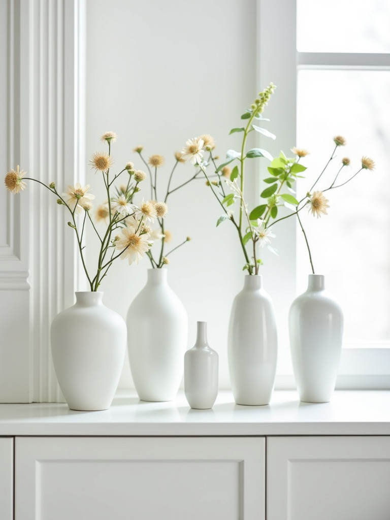A collection of white porcelain vases adds elegance to a minimalist white bedroom