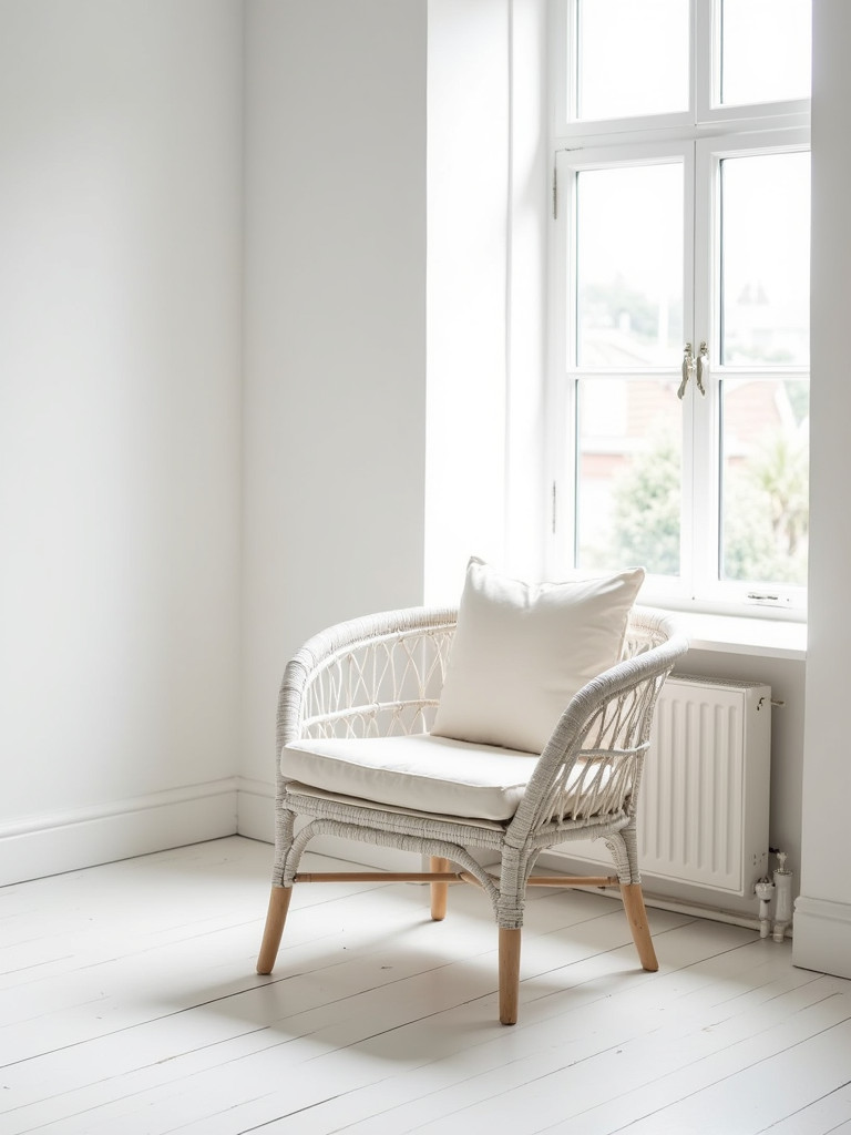 A white rattan chair adds a cozy and relaxed vibe to a minimalist white bedroom
